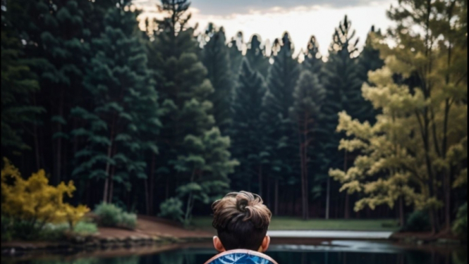 Zēns dzeltenā lietusmētelī un zābakos iebridis dīķī, stāv ar muguru pret skatītāju. Līdzās ūdenī dzeltena piepūšamā pīlīte.