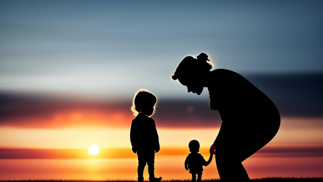 Mātes un divu bērnu silueti uz saulrieta fona