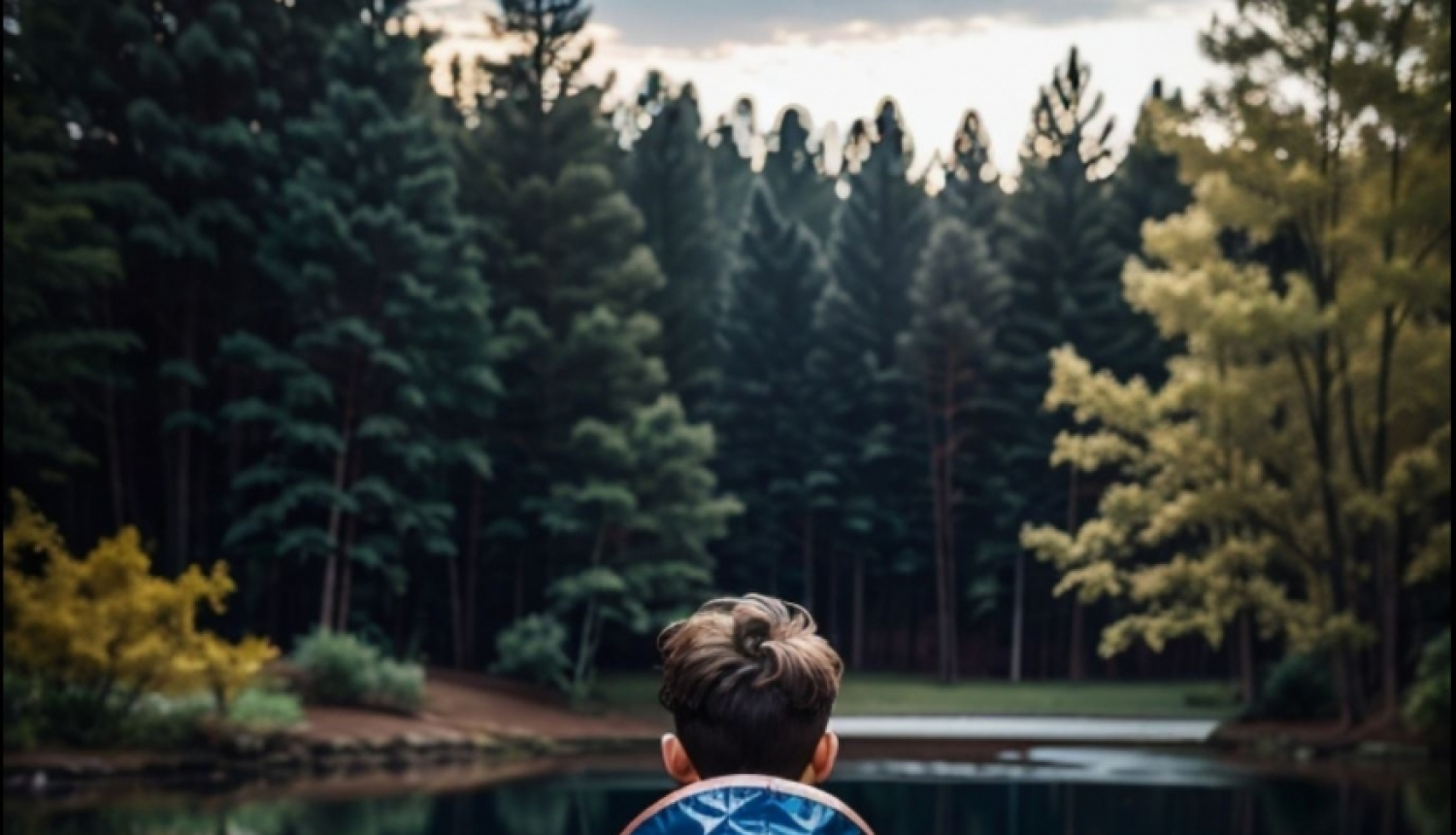 Zēns dzeltenā lietusmētelī un zābakos iebridis dīķī, stāv ar muguru pret skatītāju. Līdzās ūdenī dzeltena piepūšamā pīlīte.