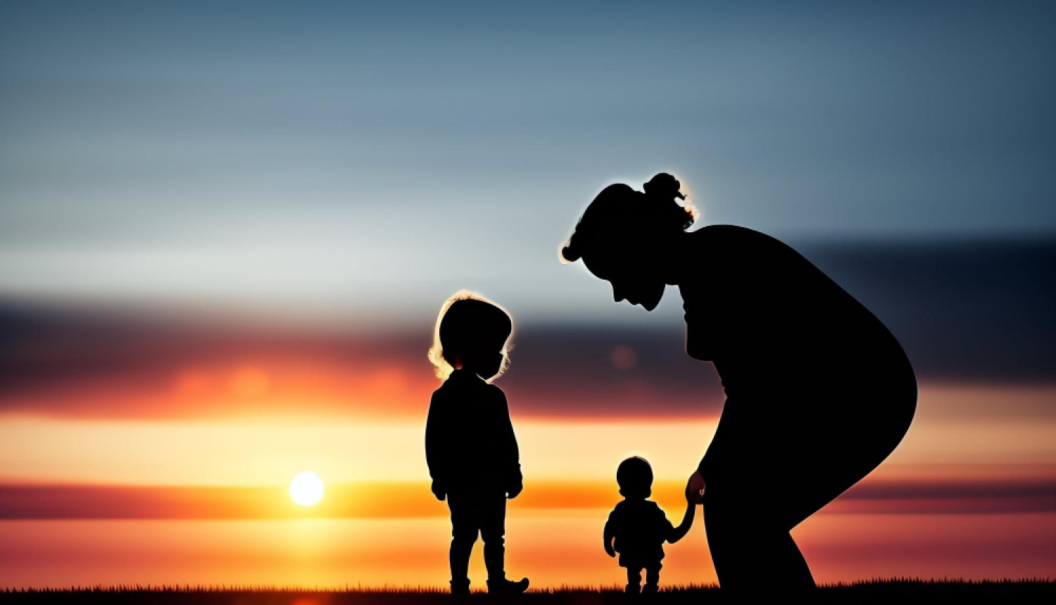Mātes un divu bērnu silueti uz saulrieta fona