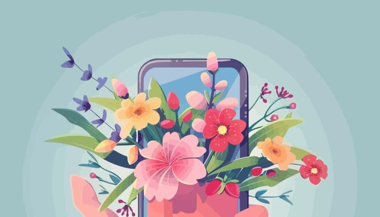 telefons rokā ar ziediem